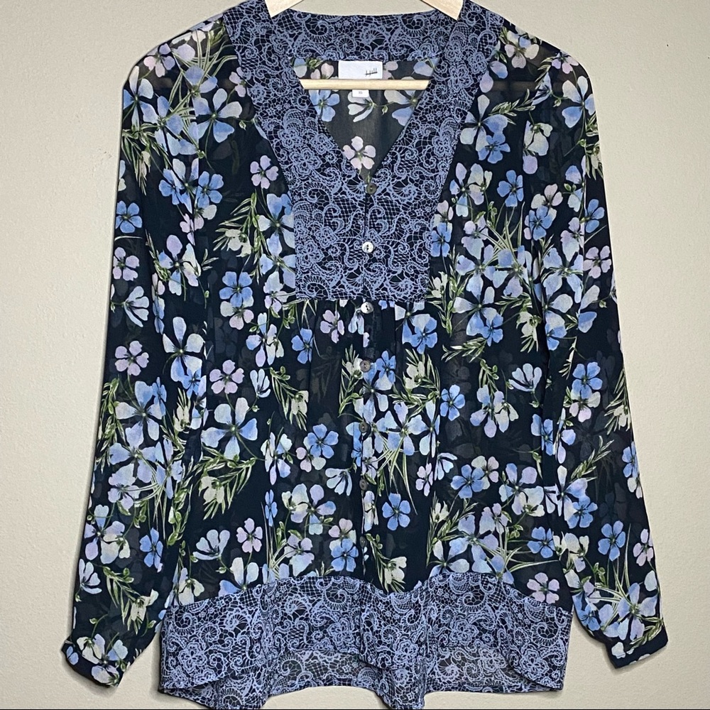 J. Jill Popover Floral Blouse Women XS Black Purple Sheer Boho V-Neck Office